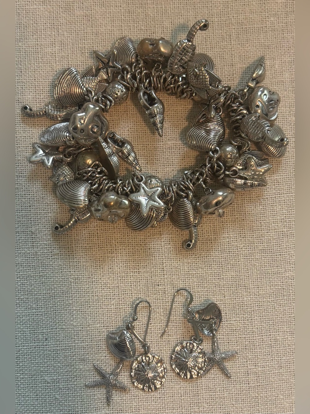 Silver Tone Ocean Sea Life Charm Bracelet & Earring Set